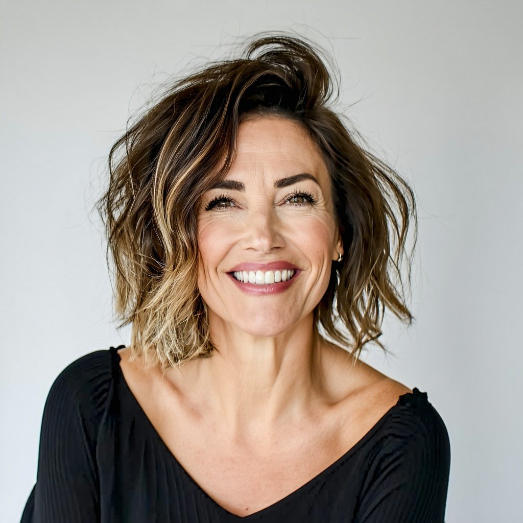 woman with medium wavy hair style smiling